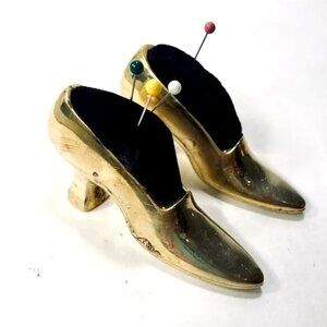 2 Vintage Brass Miniture Shoe Pincushion Cottagecore Antique